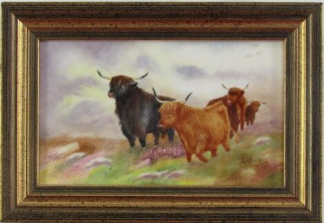 E R Booth; a Worcester porcelain plaque painted with Highland cattle