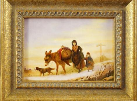 E R Booth; A Worcester porcelain plaque of peasant figures with a mule and hound on a snowy path