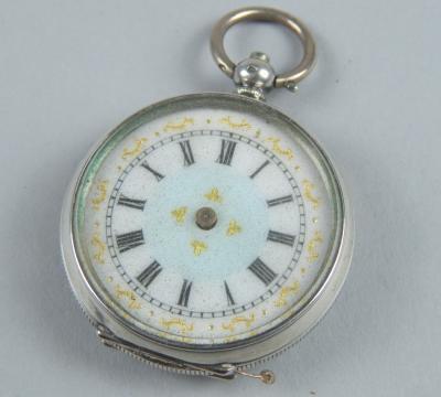 A silver fob watch