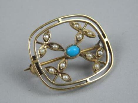 A turquoise and seed pearl brooch