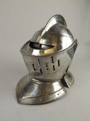 A reproduction helmet from a suit of armour