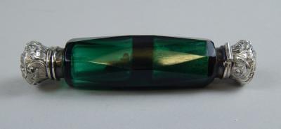 A late 19thC / early 20thC green cut glass double ended scent bottle