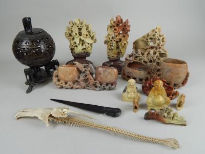 A collection of 20thC oriental soapstone carvings