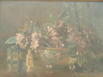 Garland (19th/20thC). Floral still life with oriental figurines