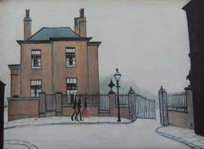 After L. S. Lowry. Street scene with three figures before a house