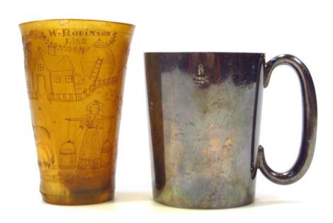 A mid-19thC dated horn beaker