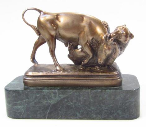A replica table statute of The Bull & Bear New York Stock Exchange figure group