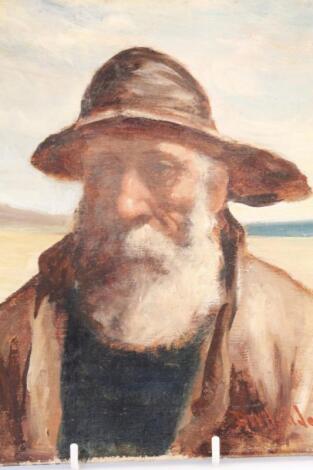 David W Haddon (fl 1884-1914). Bearded fisherman quarter profile on a beach