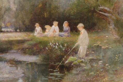 Thomas Mackay (c1851-1916). Figure aside pond with children in the distance