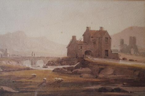 After John Varley. Sheep before figures on a bridge and building