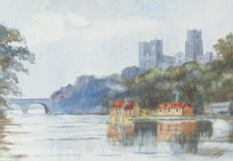 L Davey (20thC School). Durham with the cathedral in the distance