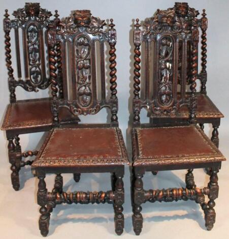 A set of four late 19thC dark oak Carolean style Continental dining chairs