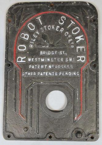 A Riley Stoker Robot Stoker cast metal heater front sign