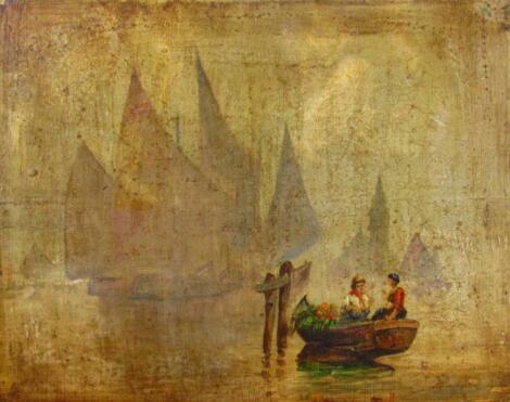 Early 19thC School. Figures in a rowing boat before ships drying sails