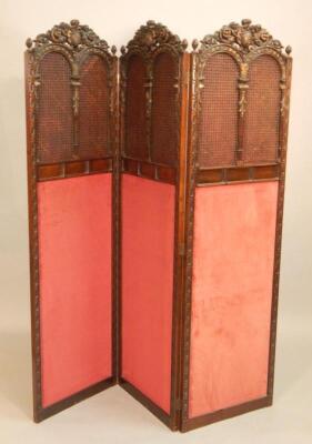 A 20thC walnut three fold screen