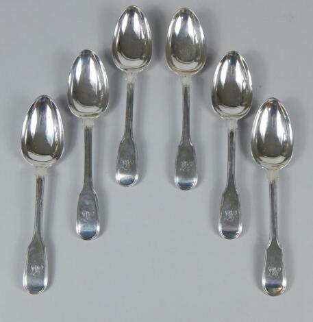 A set of six Fiddle and Thread pattern silver dessert spoons