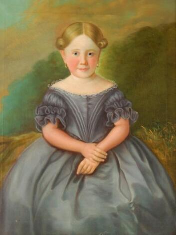 19thC British School. Portrait of a young girl in a blue dress