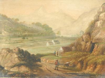 19thC English School. River landscape with waterfall