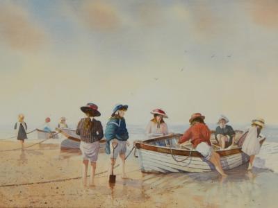 Albert W Smith (b.1941). Beach scene with figures playing next to fishing boats