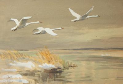 Roland Green (1896-1972). Swans over water