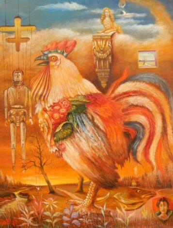 20thC Russian School. Cockerel in landscape