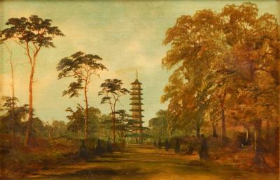 J Lewis (19th/20thC). Pagoda in park scene