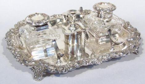 An early 20thC silver plated and glass ink stand
