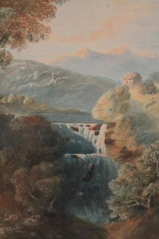 19thC English School. Waterfall before house and mountains