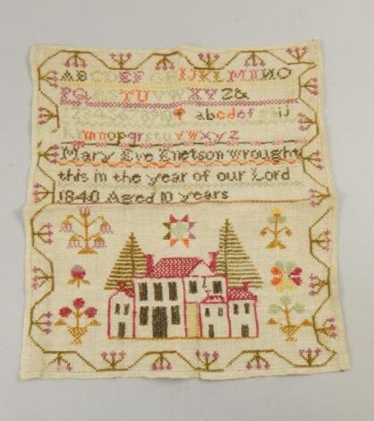 A mid 19thC woolwork sampler by Mary Eve Enetson