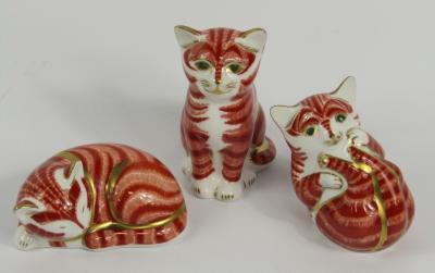 Three Royal Crown Derby Imari porcelain paperweights modelled as the Ginger Kitten