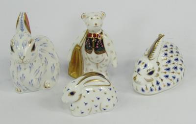 Three Royal Crown Derby Imari porcelain paperweights modelled as the Snowy Rabbit Rowsley Rabbit and