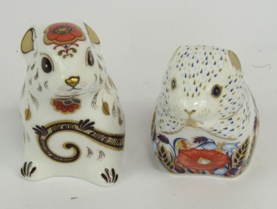 Two Royal Crown Derby Imari porcelain paperweights modelled as the Poppy Mouse and the Little Mouse