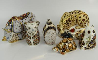 Six Royal Crown Derby Endangered Species Imari porcelain paperweights modelled as the Galapagos Peng