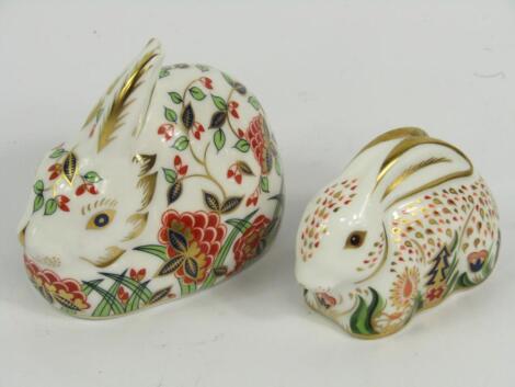 Two Royal Crown Derby Imari porcelain paperweights modelled as the Meadow Rabbit and the Baby Rabbit