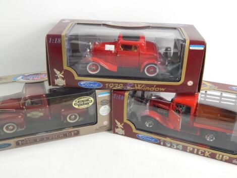 Three 1:18 scale die cast model Ford vehicles