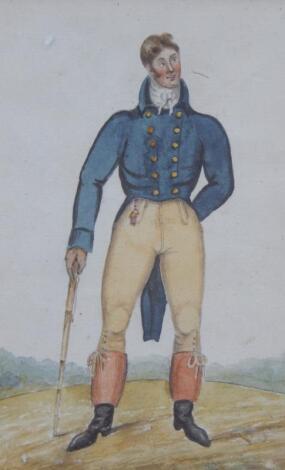 19thC School. Portrait of a gentleman wearing a blue coat with a walking cane