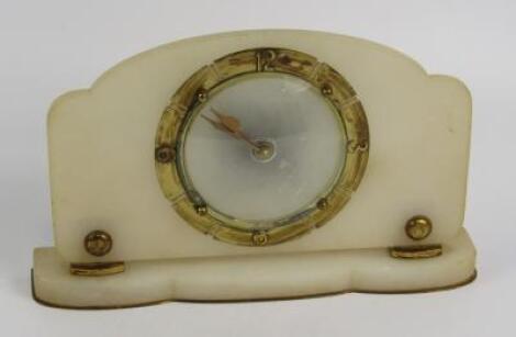 An Art Deco brass and alabaster mantel clock. chapter ring bearing Arabic numerals at quarters