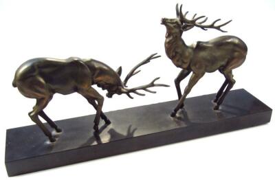 An Art Deco spelter and marbled figure group of rutting deer - 4