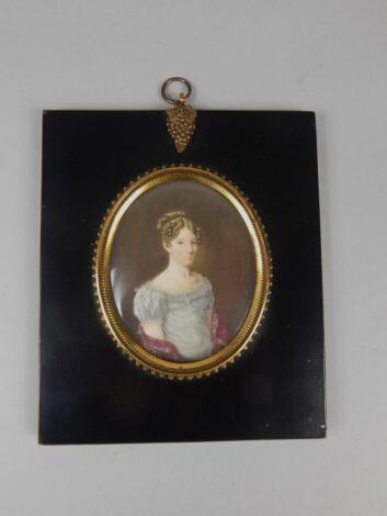 19thC School. Portrait miniature of a lady wearing a blue dress with shawl