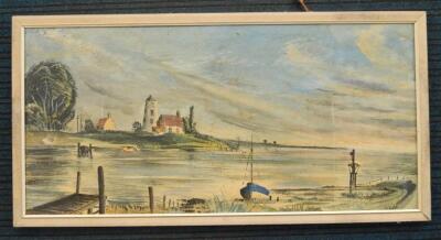 Late 20thC School. Extensive coastal scene with lighthouse