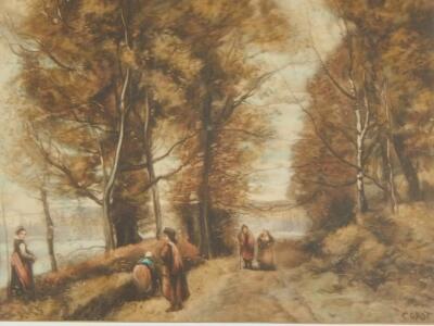 After Camille Jean-Baptiste Corot. Figures on woodland path