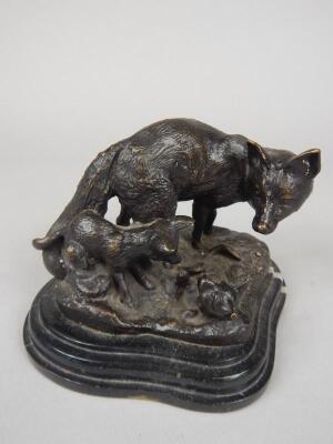 After Fratin. A modern bronze figure of a fox and her cubs
