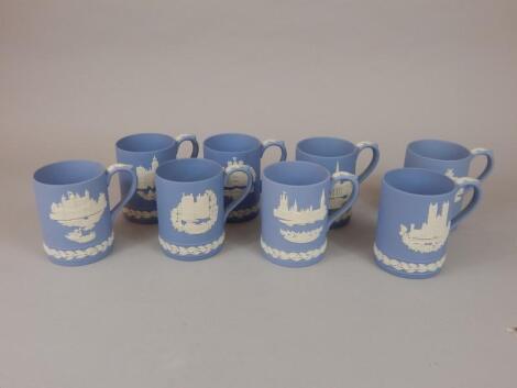 A group of eight Wedgwood blue Jasperware mugs