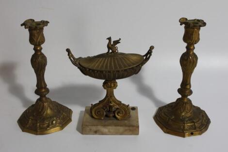 A pair of 19thC French rococo gilt brass candlesticks