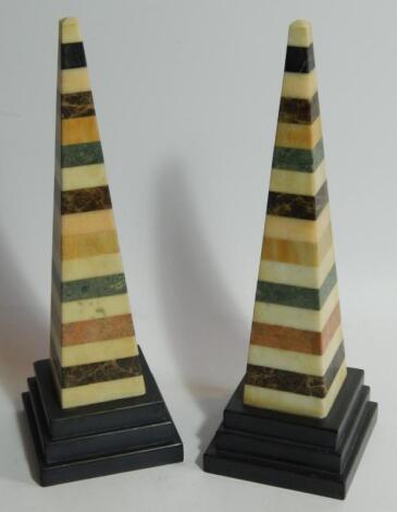 A pair of Victorian specimen marble and polished slate obelisks