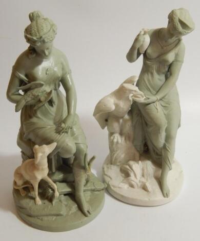 Two mid 19thC green and white pottery figures