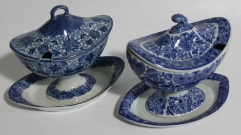 Two similar 19thC Pearlware sauceboats on fixed stands