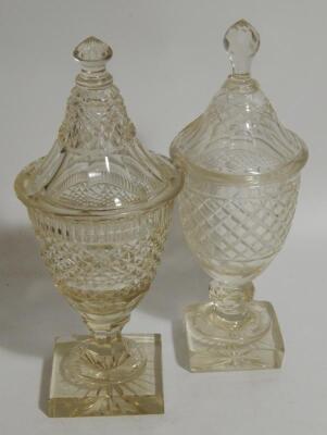 Two early Victorian cut crystal bon bon urns