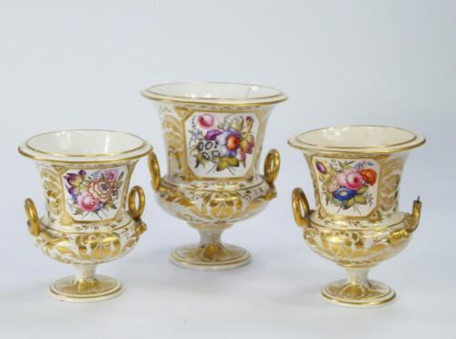 To GR270716. An early 19thC Derby porcelain garniture of campana urns