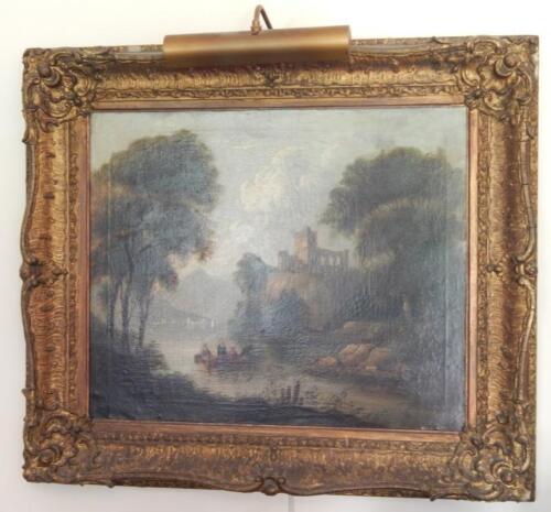 18thC Continental School. Lakeland scene with figures in a boat